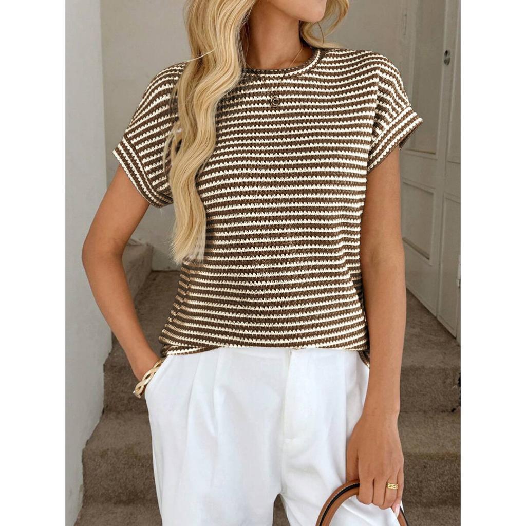 Sommer Damen Rundhals Pullover Zweifarbig Gestrickt Kurzarm Top, Grenzüberschreitend Lässiges Stricktop für Europa Amerika