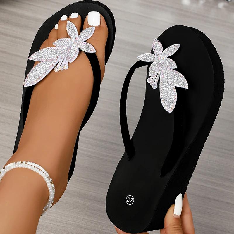 Fashion Crystal Floral Wedge Heels Flip Flops Women Summer 2025 Thick Bottom Clip Toe Sandals Woman Platform Lightweight Slides Shoes 42