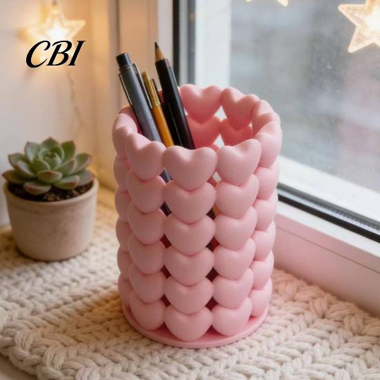 Decorative Pen Container 3D Printed Hollow Heart Holder, Aesthetic Stand, Girlish Love Stitching Stand Makeup Brush Multifunctional Storage