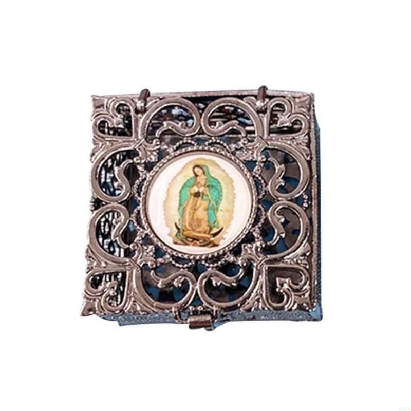62KD Rosary Bead Box Necklace Metal Christian Catholic Religious Jewelry Case Storage