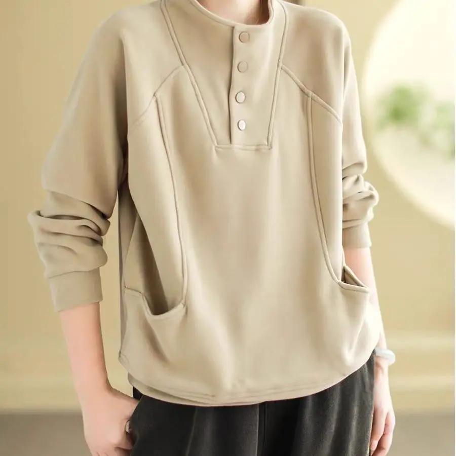 Warm Thermal Sweatshirt Women's Loose Cover-up Design Button Half High Collar Velvet Polyester Full Sleeve Casual Top