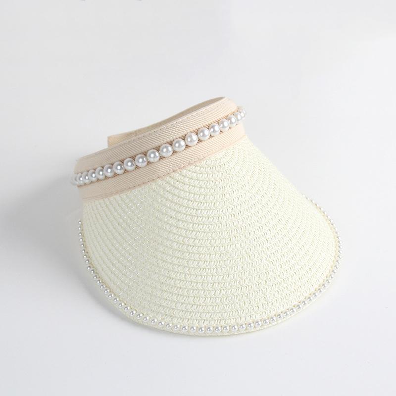 Summer Woman Straw Pearl Decor Sun Hats Antiuv Female Outdoor Hand Made Cap Casual Shade Hat Empty Top Hat Beach Vacation Visor