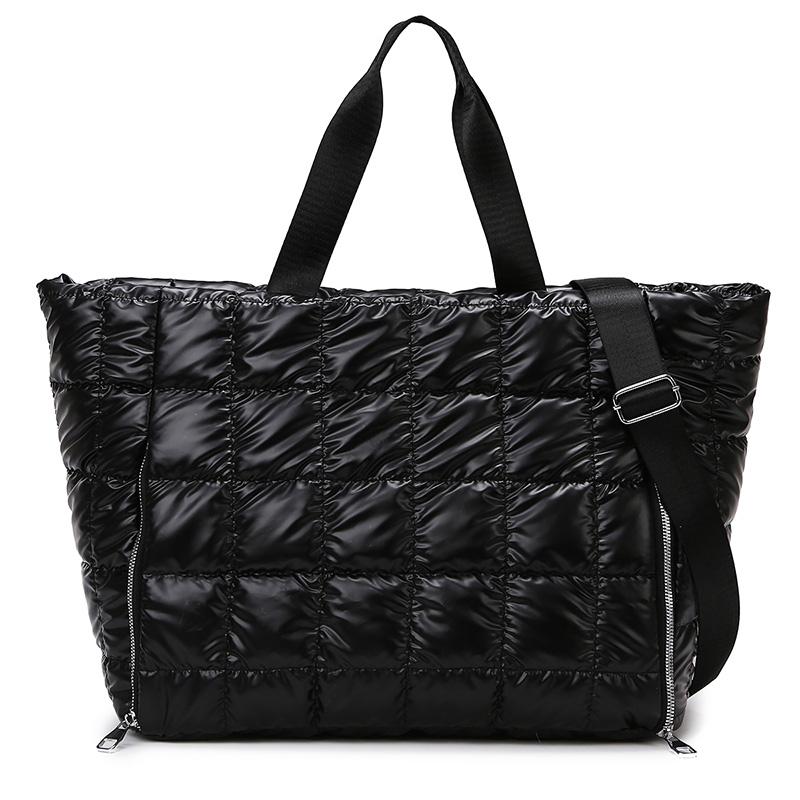 Large Capacity Quilted Tote Bags for Women Solid Color Women's Shoulder Bag for Gym Travel Fashionable Nylon Winter Padded Handbag