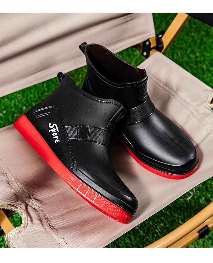 Bottes de Pluie Courtes Mode Homme - Noir/Rouge, Tige Mi-Courte, Cordon de Serrage, Chaussures Réfléchissantes en Caoutchouc pour Patauger et Pêcher.