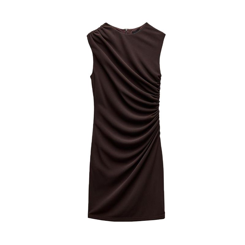Spring New Arrival Women's Black Silm Fashion Sleeveless Round Neck Pleated Decorative Short Dress 8338250