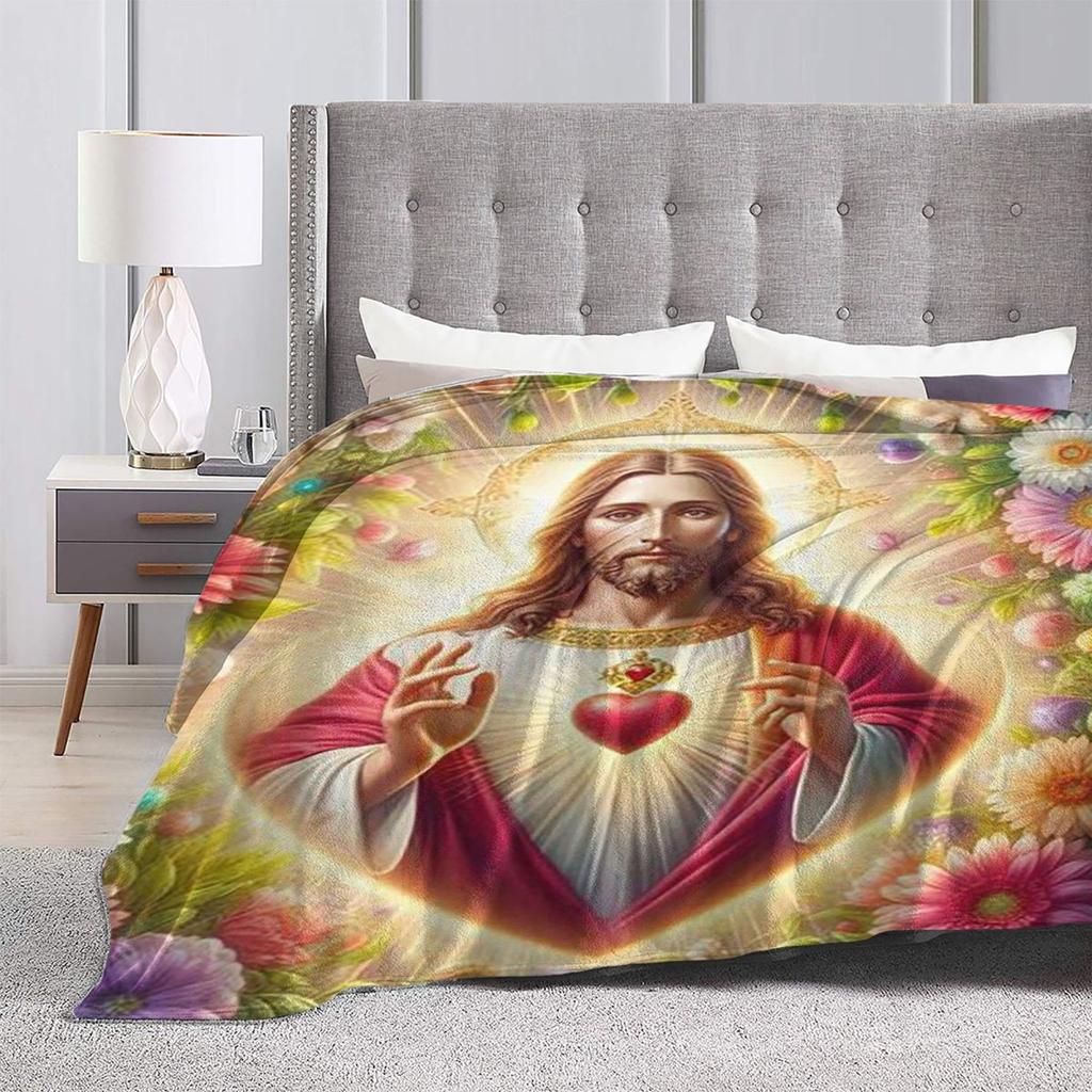 Jesus Christ Angelic Heart Religious Blankets Soft Warm Flannel Throw Blanket Bedding for Bed Living Room Picnic Travel Sofa