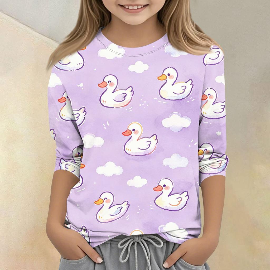 Kinder Tierdruck Rundhals Dreiviertelarm Lässiges T-Shirt Leichter Weicher Stoff Bequeme Passform Geeignet für den Alltag
