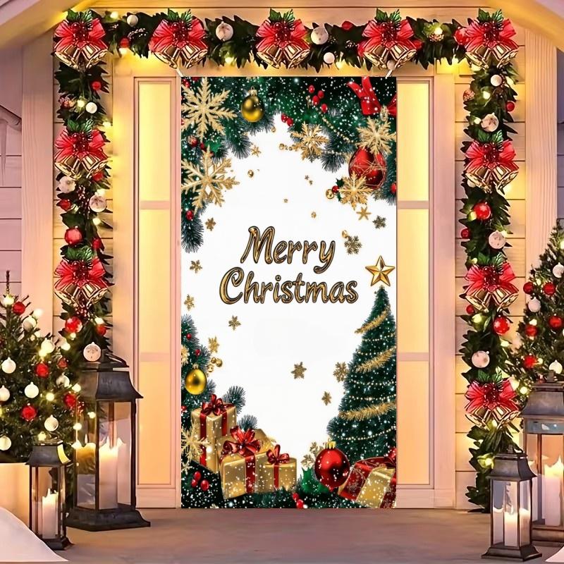 Frohe Weihnachten Türabdeckung mit Glitzer Weihnachtsbaum Schneeflocken Geschenkbox Auskleidungen für Weihnachts-Türen Innen Außen Garten Große Dekorationen