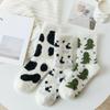 1 Pair Winter Floor Socks Cartoon Cow Dinosaur Print Color Matching Thick Fleece Mid-tube Anti-slip Elastic Warm Soft Ankle Protection Lady Socks