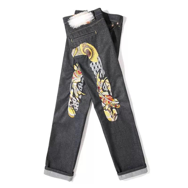 New Japanese Hipster Retro Hip-hop Fashion Print Jeans High Street Leisure Slim Straight Embroidery Y2k Print Stitching Trousers