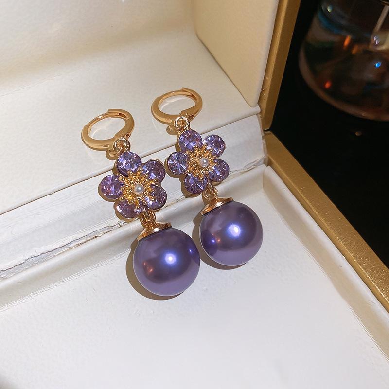 Super Flash Diamond Purple Flower Pearl Stud Earrings French Earrings