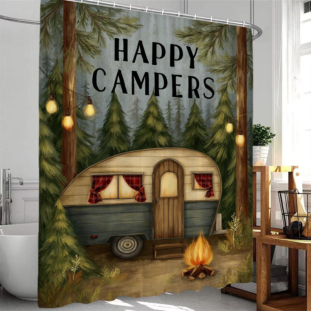 Happy Campers In Cartoon Forest Print Shower Curtain Bathroom Decoration Curtain,Hanging Curtain With Hooks Machine Washable