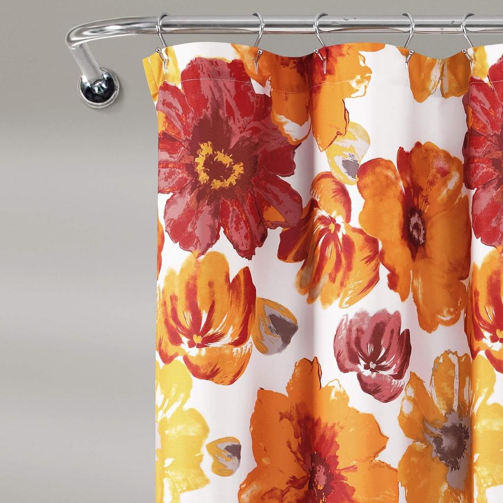 Lush Decor Leah Floral Shower Curtain, 72" W x 72" L, Red & Orange - Fabric Shower Curtains - Watercolor Botanical Bathroom Curt