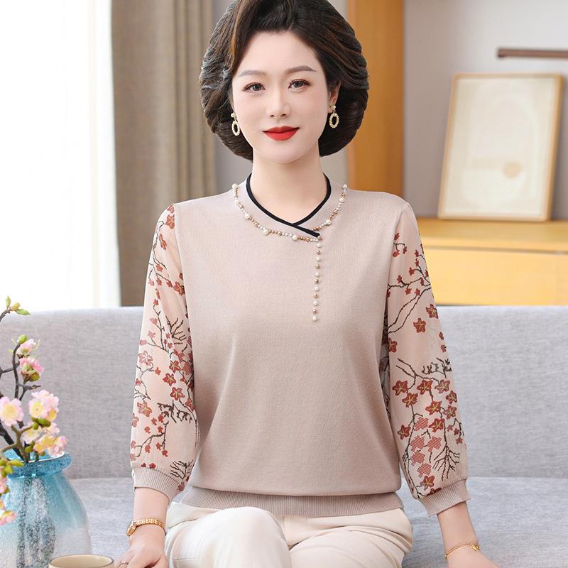 

Elegant Seven-Sleeve Chiffon Knit Top for Women - Versatile Spring Style for Middle-Aged and Elderly 3XL (60-67.5kg) бежевий/абрикосовий