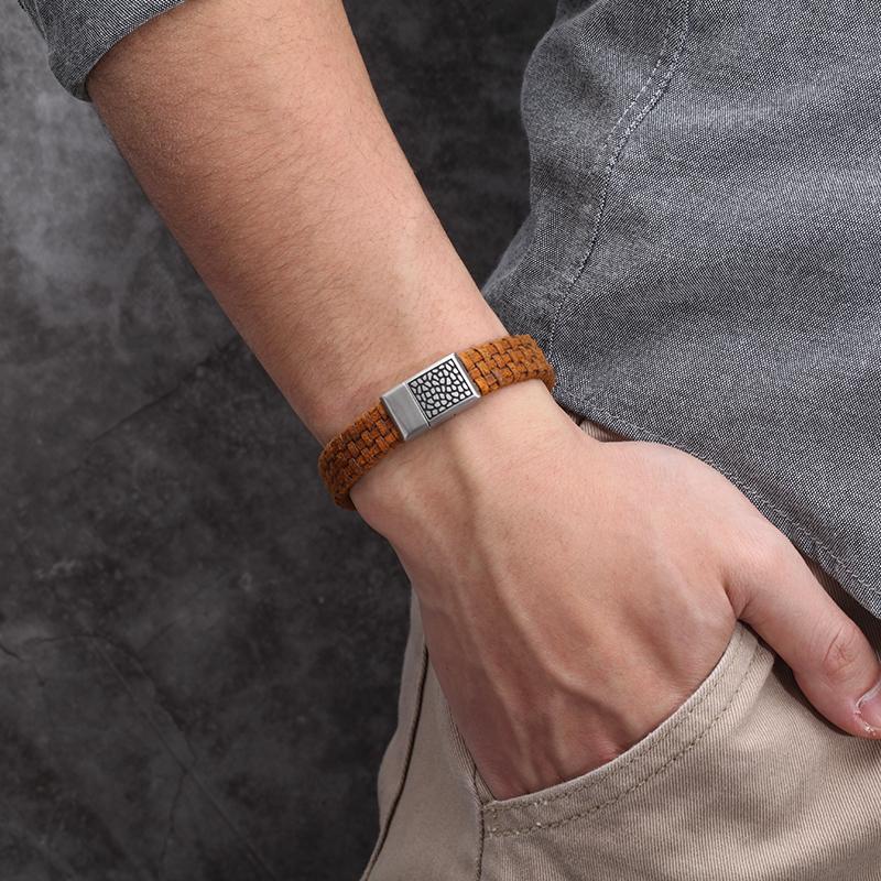 REPTILE LEATHER BRACELET   stainless steel reptile design bracelet with light brown woven genuine italian leather