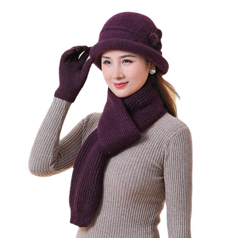 Fleece Warm Knitted Rabbit Fur Hat Women Autumn and Winter Cold Gloves Scarf Basin Hat Tide Elderly