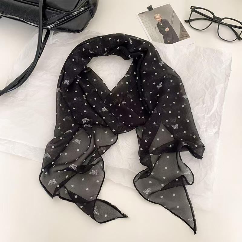 Korean Retro Black Polka Dot Silk Scarf - Y2K Rose Ribbon Bow Style