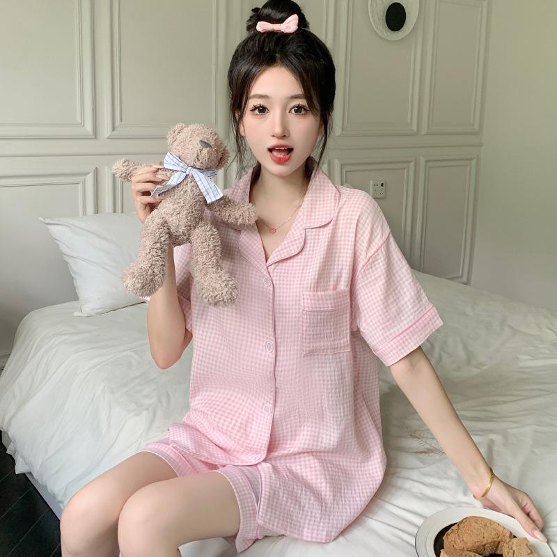 Cloud Cotton Pajamas Girls Summer Pink Plaid Elegant Casual Short-Sleeved Suit Loungewear