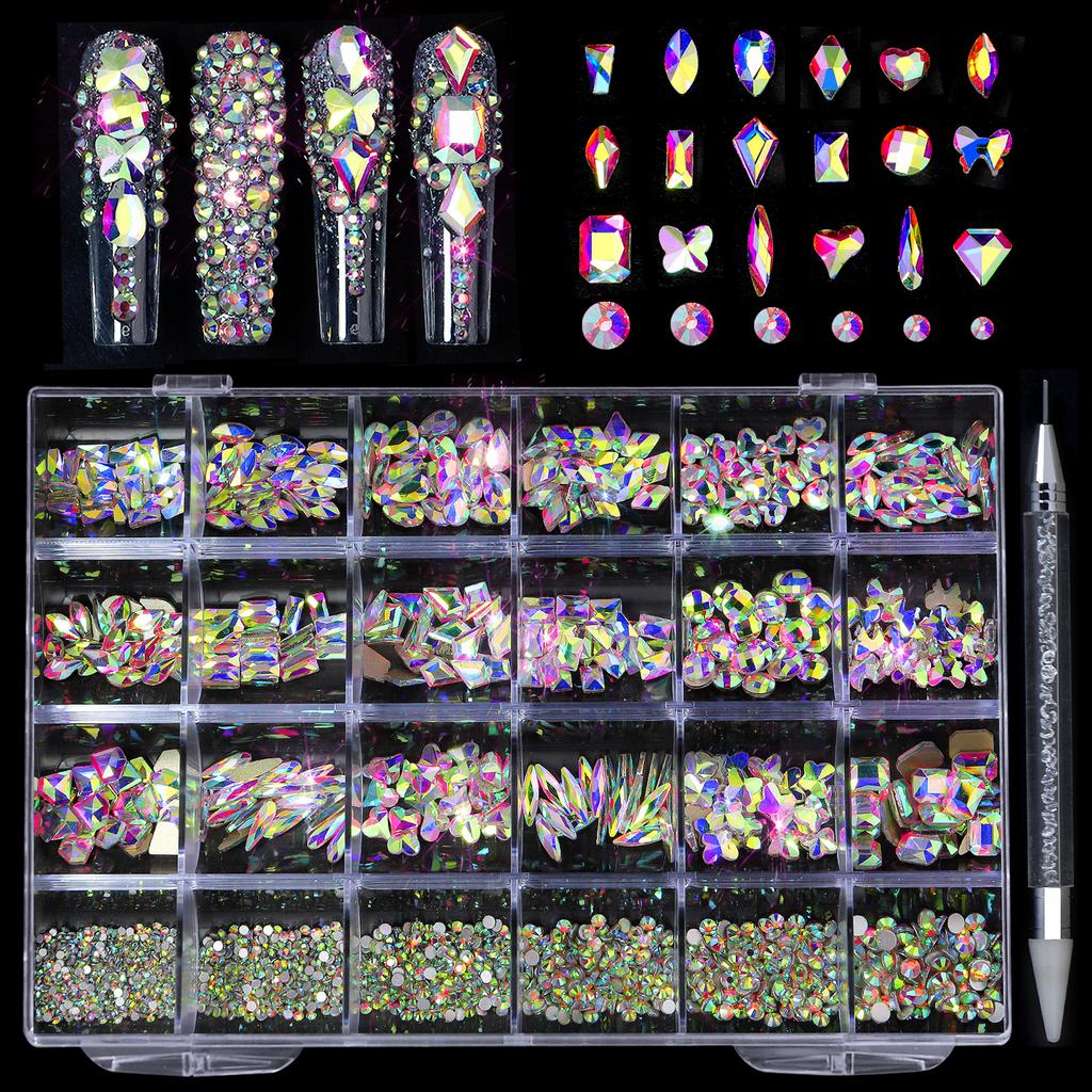 Hot Sale 21 Shapes Jewelry Luxury Shiny Diamond DIY Nail Art Rhinestones Kit Glass Crystal Decorations Set Give 1pcs Pen