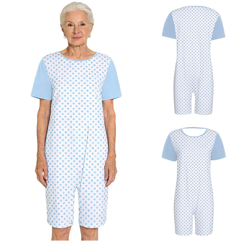 Damen Erwachsener Adaptiver Jumpsuit Kurzarm Print Farbblock Geknöpfter Schritt Bodysuit für Ältere Demenz Alzheimer Pflege