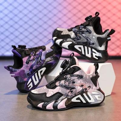 Children's Basketball Shoes Boys' Shoes 2025 Spring New Non-slip Sports Shoes Black Middle-aged and Older Boys' Running Shoes