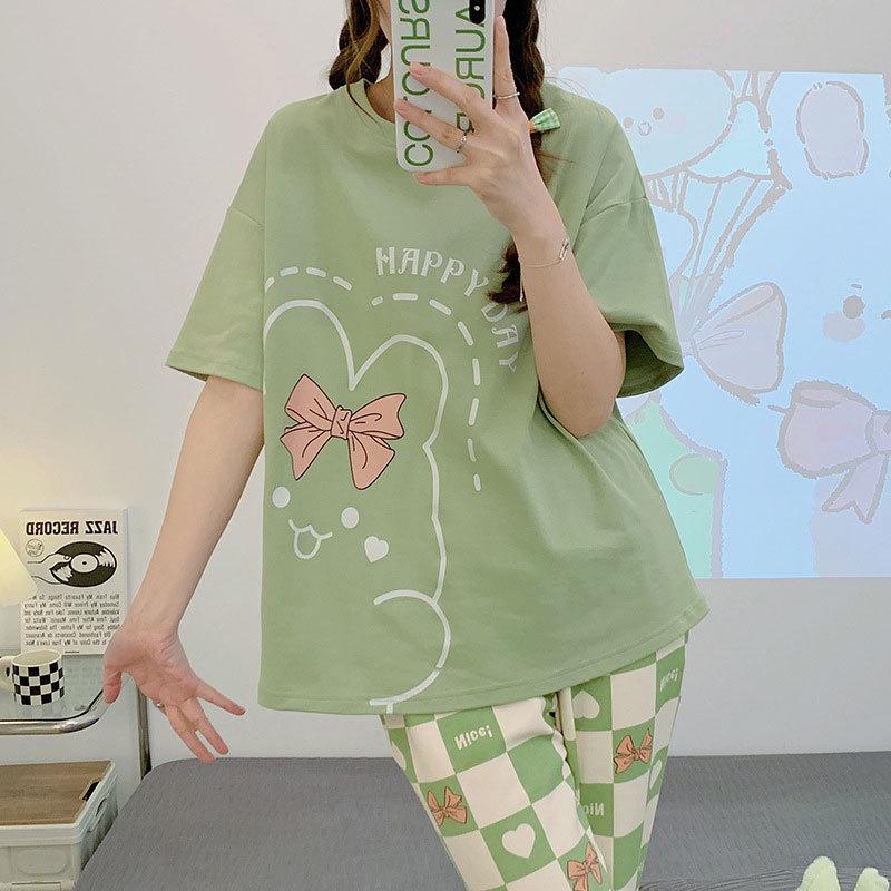 Cartoon pajamas women's summer short sleeves small fresh plaid control round neck loungewear high-quality imitation cotton casual suit