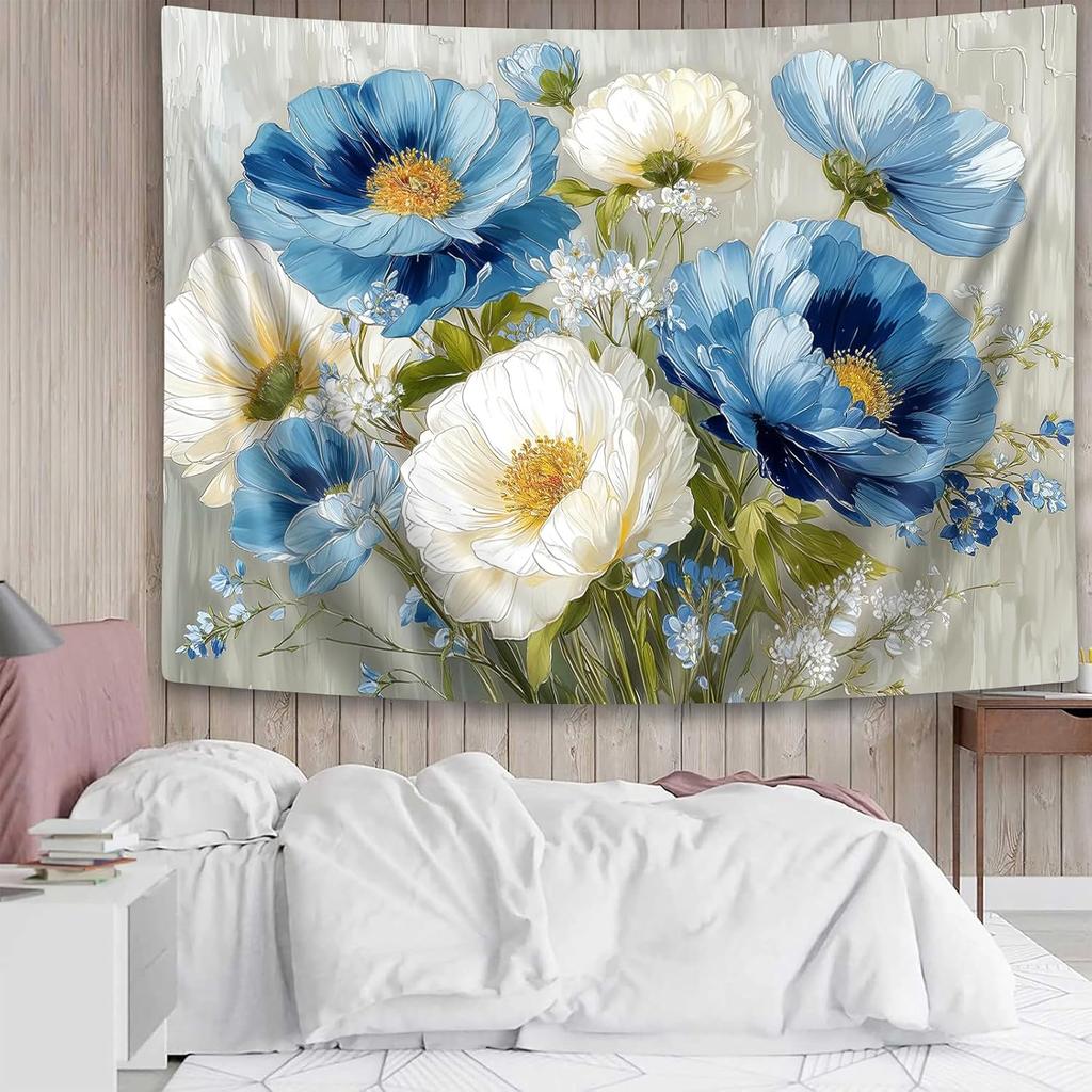 Blue White Floral Tapestry,Natural Aesthetics Elegant Tapestrie,Modern Flower Painting Wall Hanging,Watercolor Aesthetic Art