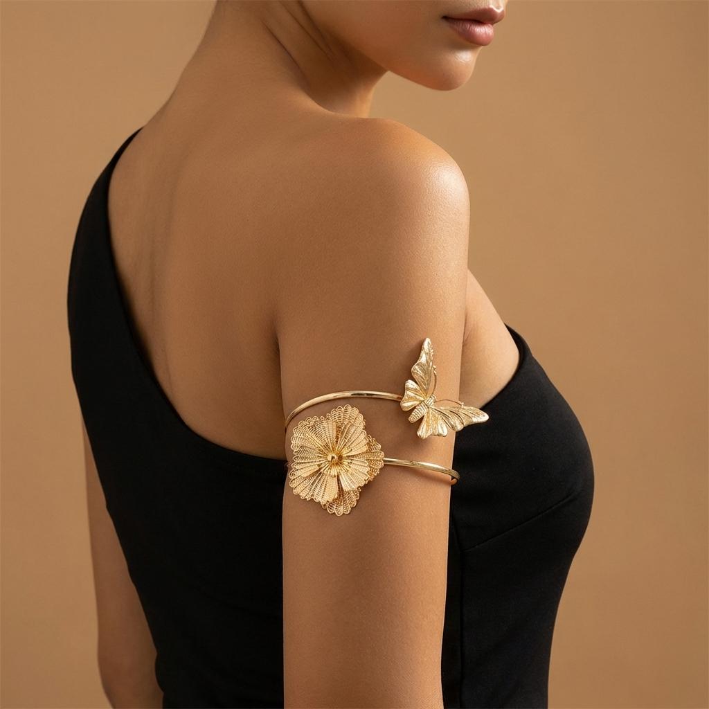 Fashion Gold Color Metal Flower Cuff Bracelet for Women Elegant Butterfly Leaves Adjustable Bangles Female Wedding Party Jewelry