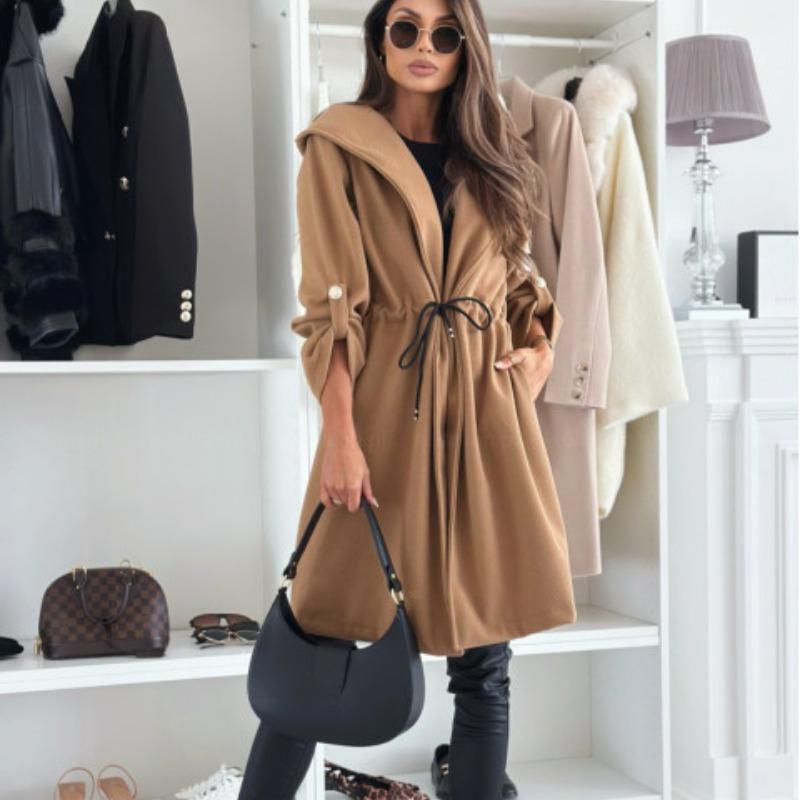 New Autumn Long Sleeve Casual Woolen Coats Women Winter Outwears Plus Size Jacket Women Fashion Solid Warm Drawstring Loose Jackets Coat 24996