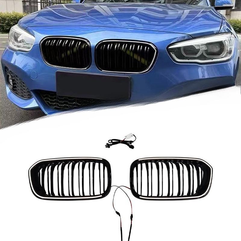 For BMW 1 Series F20 2015-2019 Dual Line LED Illuminated Front Grille Gloss Black ABS Material Adhesive Mount Direct Fit Upgrade
