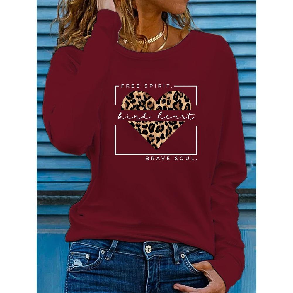 

Жіноча повсякденна футболка на весну та осінь, з довгим рукавом, леопардовим принтом, принтом у вигляді сердець, з круглим вирізом 5XL