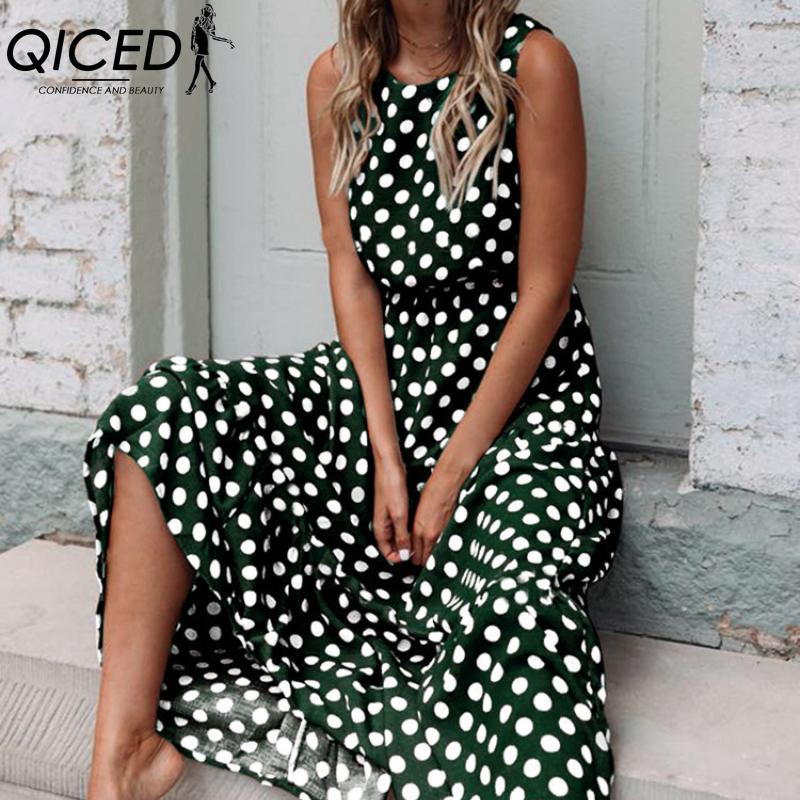 QICED Women's Fashion Summer Spring Solid Color Print Sleeveless O-Neck High Waist Casual Dresses