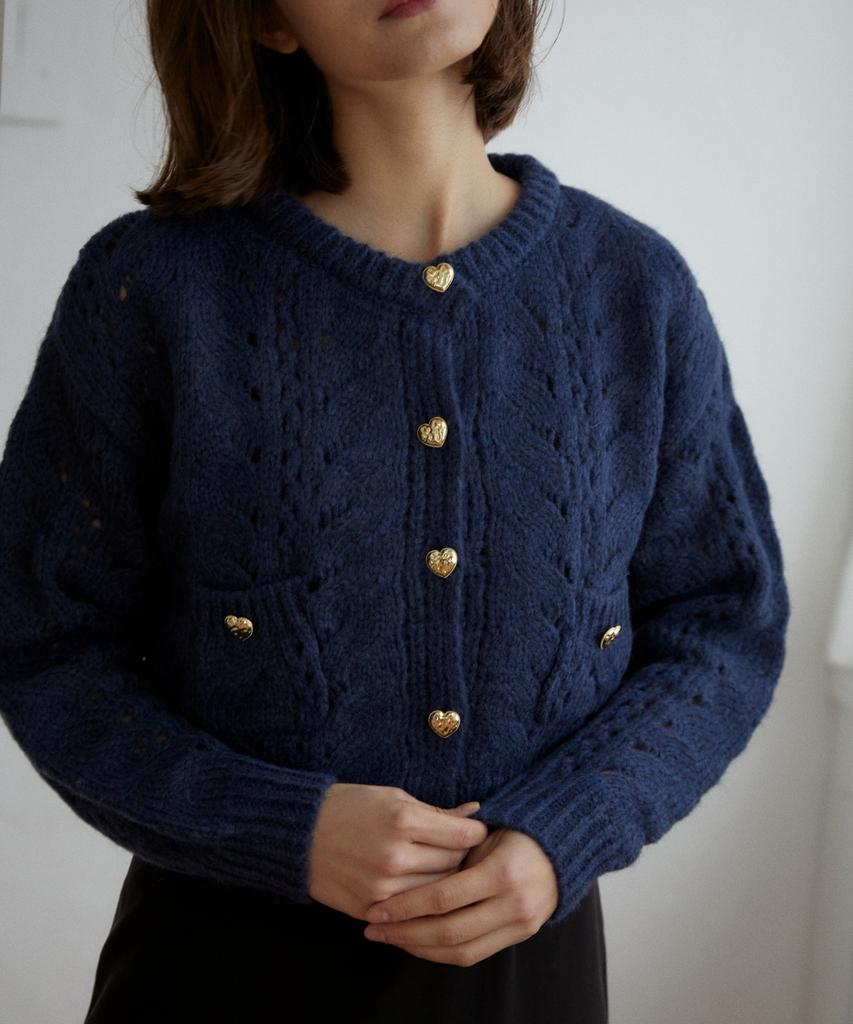 Wioe Heart Button Crochet Cardigan_Navy