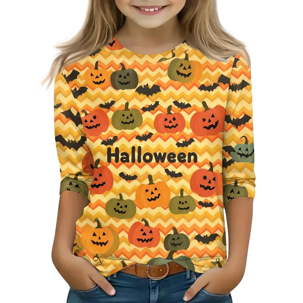 Children's 3/4 Sleeve Tops Casual Halloween Print T Shirt Round Neck Pullover Blouse
