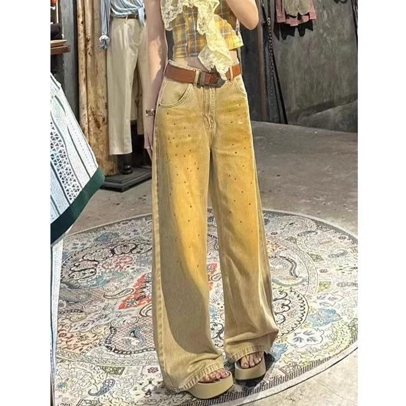 Women's 2025 Summer Retro Distressed Washed Wide-Leg Riveted Jeans