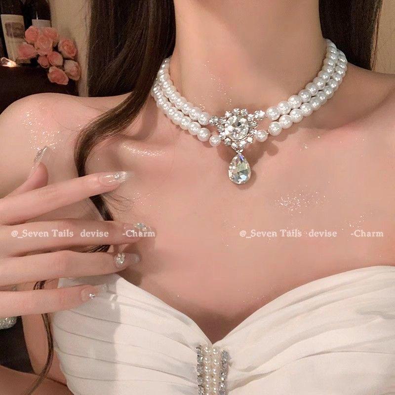 Retro Rhinestone Water Drop Tassel Pearl Necklace – Elegant Clavicle Chain Fashion Jewelry for Women