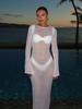 2026 European Beach Resort See-through Backless U-neck Knit Cover-up Dress for Women, Spring Summer Two-way Wear, Long Skirt