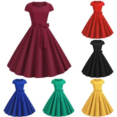 Damenmode, lässig, schmal geschnitten, einfarbig, Vintage-Kleid mit Gürtel und großem Saum