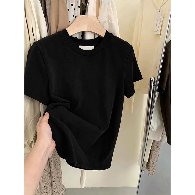 Shoulder Pure Cotton Polished Short-sleeved T-shirt Women's Summer New European Goods, Foreign Style Versatile Solid Color Top Bottoming Shirt