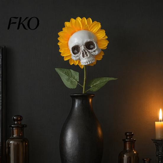 Halloween Lawn Decoration Sunflower Skull Ornament, Theme Garden Decor, Potted Plant Waterproof Outdoor Decoration, for Patio Yard Resin