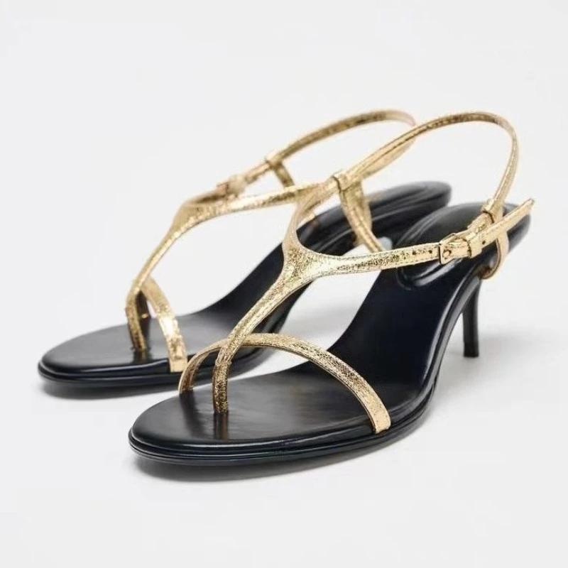 

Модные летние сексуальные золотые босоножки на высоком каблуке с узким ремешком, женские модные шлепанцы с перемычкой между пальцами и пряжкой, дизайнерского бренда, элегантные женские сандалии 42 золотой