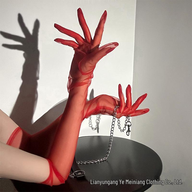 Elegant Wine Red Sheer Gloves for Women - Summer Bridal Wedding Long Arm Sleeves Lingerie