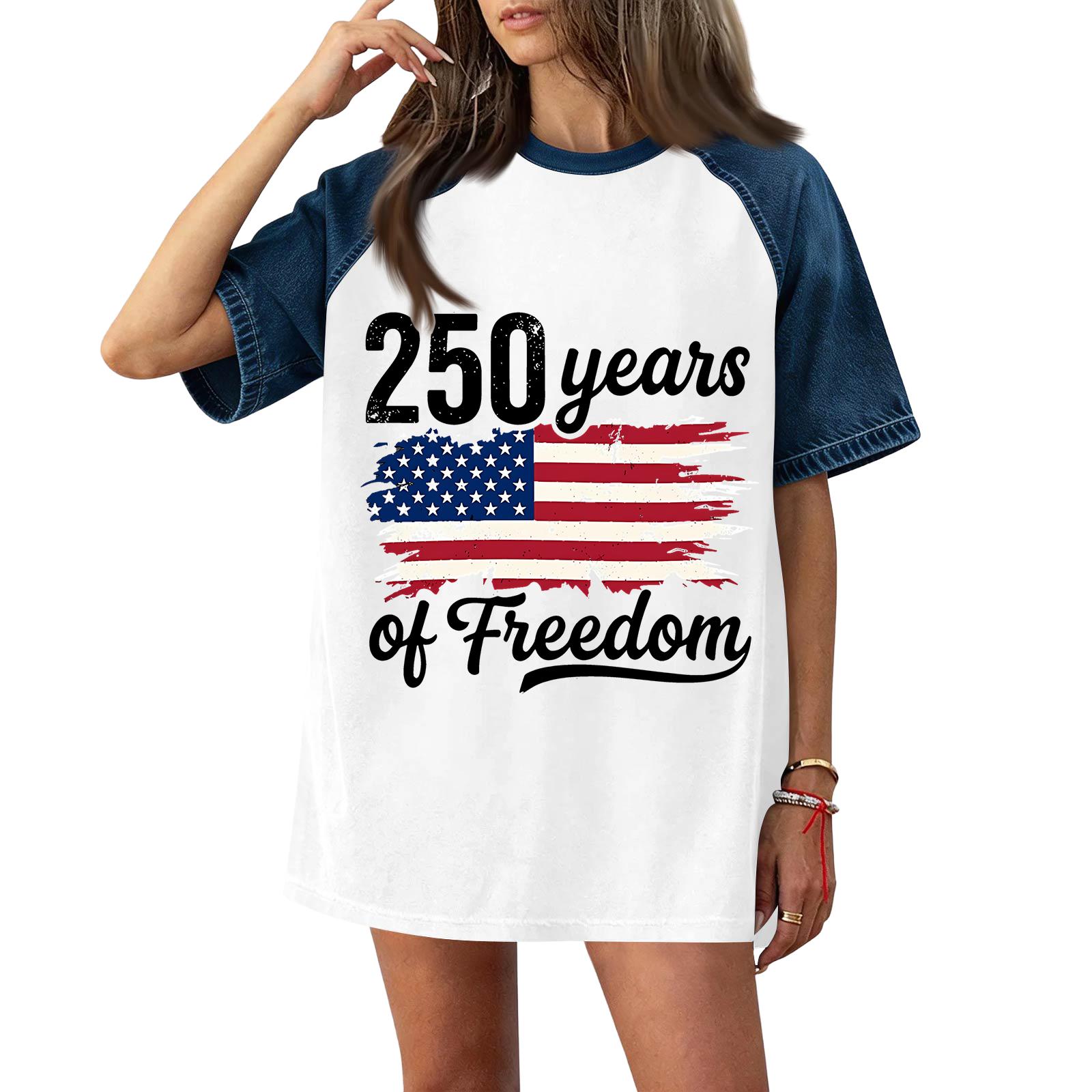 

Womens Casual Short Sleeve T Shirt Denim Top 250 Years Independence Day Flag Print Loose Fit Crewneck Tee S