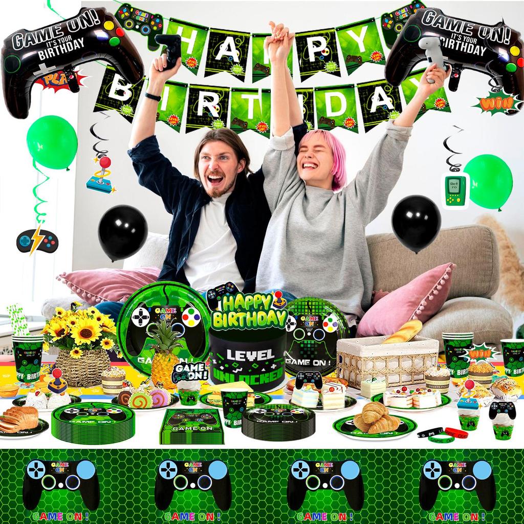 Gaming Bursdagsselskapsutstyr for barn, Videospill Selskapsdekorasjoner&Servisesett-Tallerkener Kopper Duk Ballonger Banner osv Selskapsutstyr