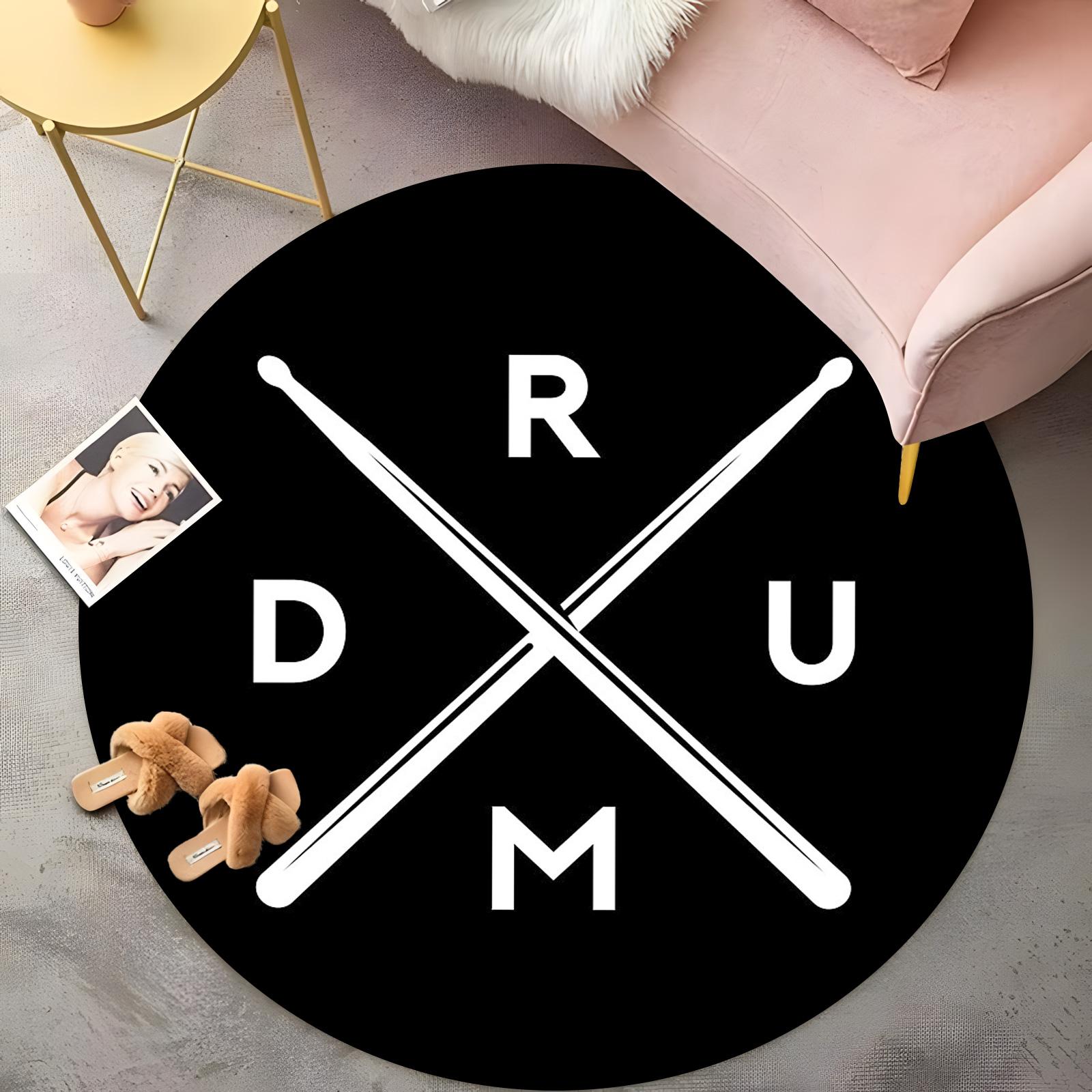 

DRUM Percussion Round Rug - Crossed Drumsticks Design on Black, Music Lover Living Room Carpet, Non-Slip Bohemian Floor Mat 60cm