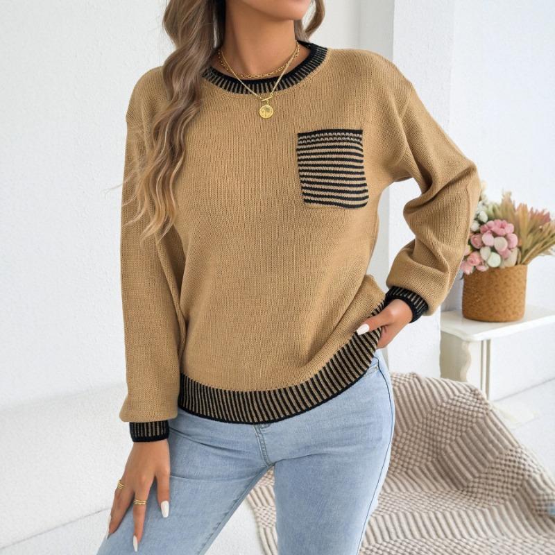 Women S Long Sleeve Striped Pocket Casual Sweater