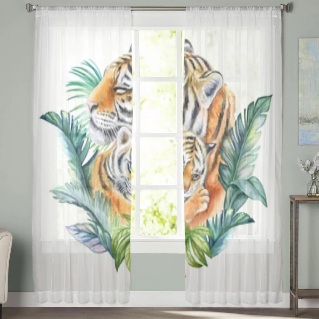 Tigers Tropical Green Leaves Chiffon Sheer Curtains For Living Room Bedroom Decoration Window Tulle Curtains Drapes