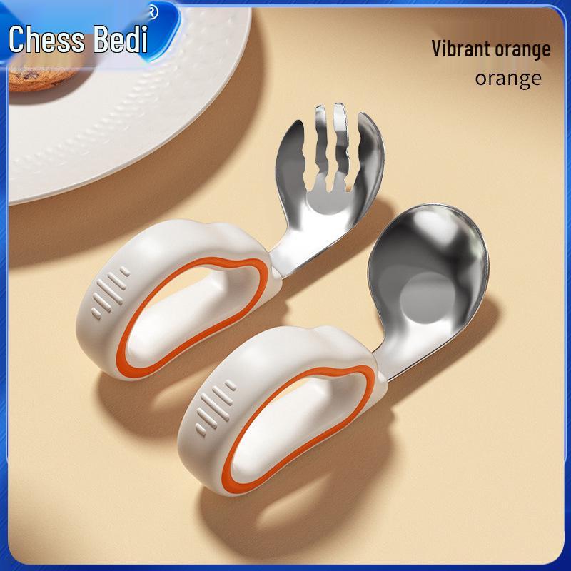 Infant Training Silicone Spoon & Fork Set - Stainless Steel, Short Handle, Bent Head for Learning To Eat