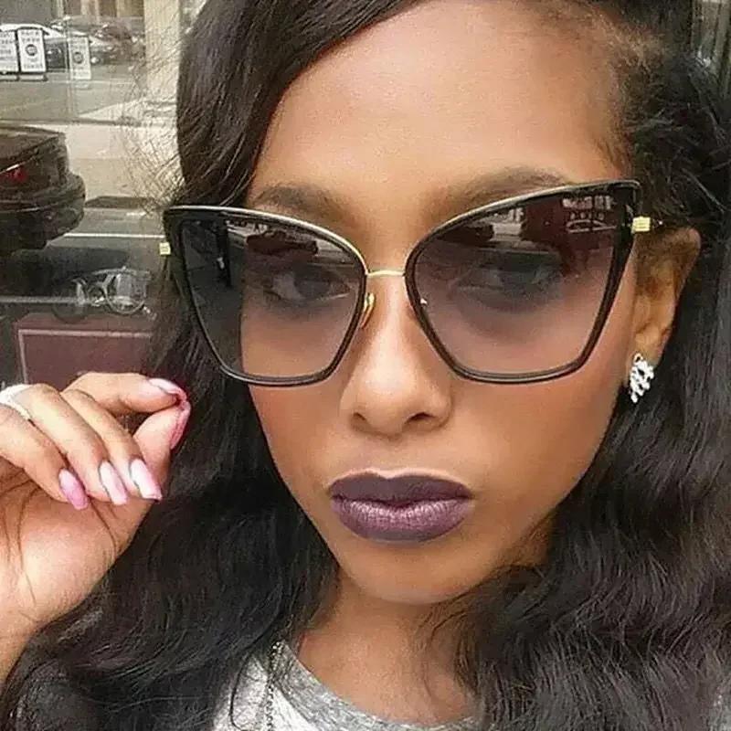 Metal Retro Oversized Sunglasses Women Sexy Cat Eye Luxury Sun Glasses Female Black Gradient Vintage Ladies