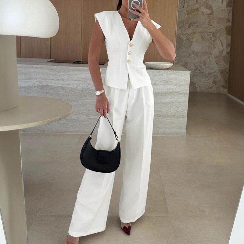 European and American Wide Shoulder V-neck Slim fit Vest High Waist Wide Leg Pants Top Set Pants and Tops Set